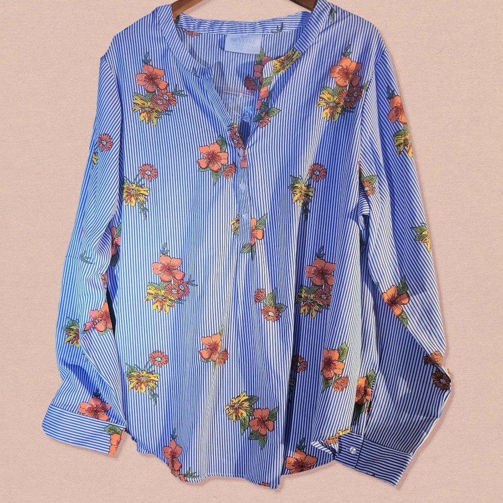 🌸NWOT🌸 Skyline Navy & White Striped & Peachy Florals Half-Button Blouse XXL